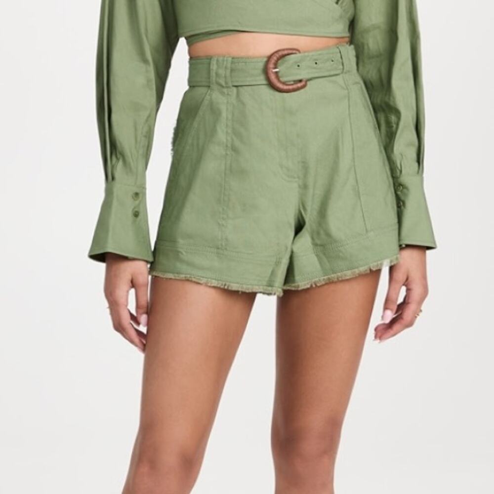 Jonathan Simkahi High Waisted Linen Shorts Belted Verde Green Size‎ 8 New Luxury